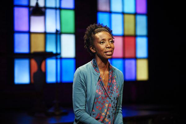 Actress and playwright Sharon Washington in a scene from the world premiere of "Feeding the Dragon," in the Hamburg Studio Theatre.