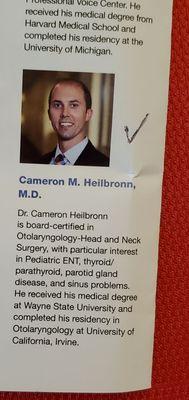 After Dr. Robert Brammer retired, I was referred to Dr. Cameron Heilbronn in 3/2022 for Middle Ear Issue in Spring & Fall. 9/6/2023