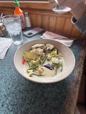 Green Curry with chicken. Rice was perfect. Lots of fresh veggies. Great flavor and spice.