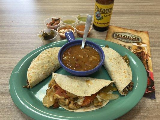 Taco Roc plate.  Three tacos and some beans.  Pollo, barbacoa, and pollo asado.