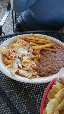 Chilaquiles, Fried Beans and Fries