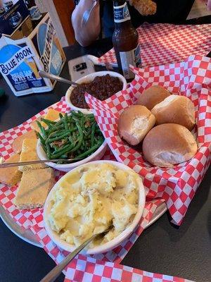 Sides! Homemade mashed potatoes, green beans, corn bread, baked beans and biscuits