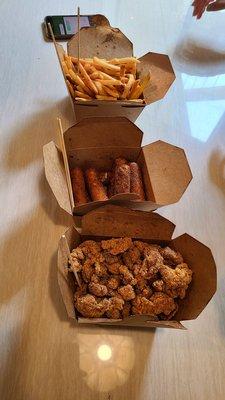 Popcorn chicken, moz sticks, fries