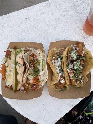 Happy's Tacos - Left to Right: Lamb Cheeseburger, Crispy Shrimp, Pinto Bean Street Taco, and Sweet Potato Street Taco