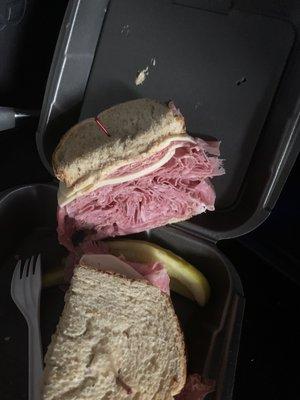 Corned beef on rye sandwich.