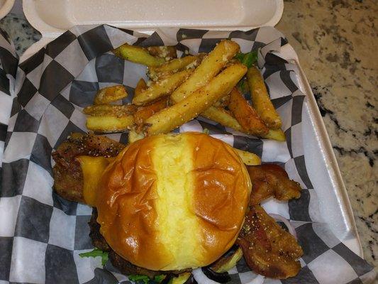 Bacon cheese burger with Parmesean truffle fries