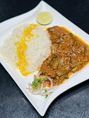 Our special okra curry with a side of rice