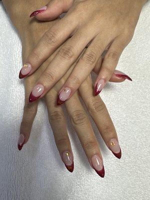 Almond Red French tip Acrylic Set with gold accents