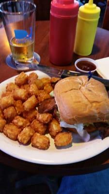 Battlecreek Burger with American Cheese and Bacon, sub Tots for Fries.