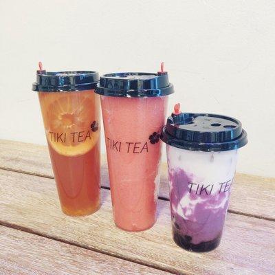 L to R: Mango Passion Fruit Tea, Strawberry Jasmine Blended Tea, Brown Sugar Ube Milk Tea