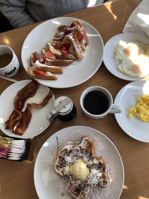 Coffee, French toasts, Banana Nutella Waffle, eggs and bacon