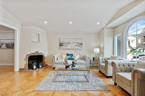 Living room w/wood burning fireplace