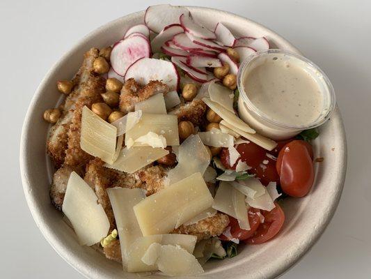 Chicken Caesar Salad (with baked crispy chicken and all mixed greens)