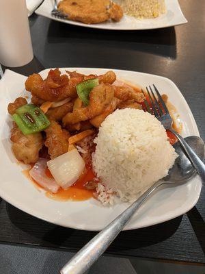 Sweet and sour Chicken with steamed rice