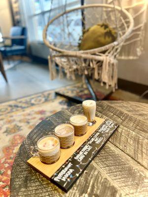 Winter coffee flight  Peppermint Mocha, Gingerbread Cafe' Au Lait, Sugar Cookie Hot Press, Rosemary Latte with brown sugar cold foam