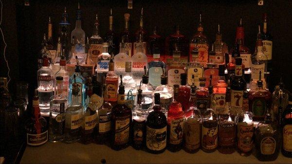 A well-stocked bar, including local Watershed and OYO brands