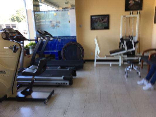 Has numerous treadmills and various workout equipment.