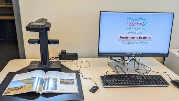 A book scanner is available for self-service to scan to email, usb, or mobile device.