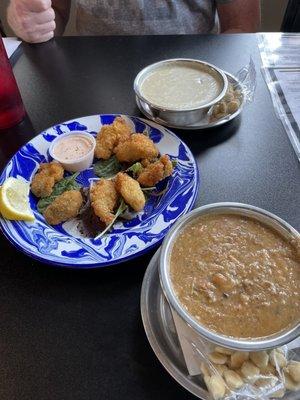 Clam chowder then fried oyster one lite - sorry had to snag one and gumbo! We also sampled the lobster bisque, Amazing!