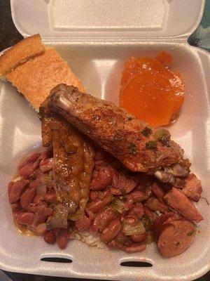 Redbeans and rice baked turkey wing yams and cornbread