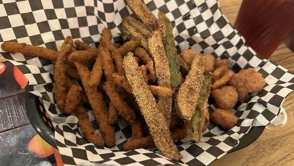 Spicy fried green beans.  Fried pickles.  Corn fritters Yum!