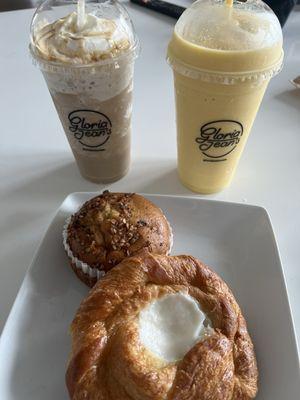 Madagascar, mango smoothie, cheese danish, banana nut muffin