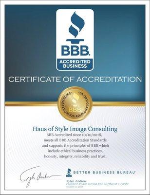 Better Business Bureau Certificate Of Accreditation.