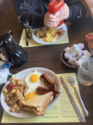 My hearty breakfast  and I loved that I can refill my own coffee cup.