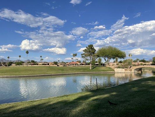 Island green, with mountains in the background