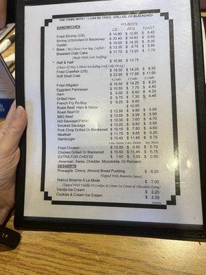 Menu as of August 2023