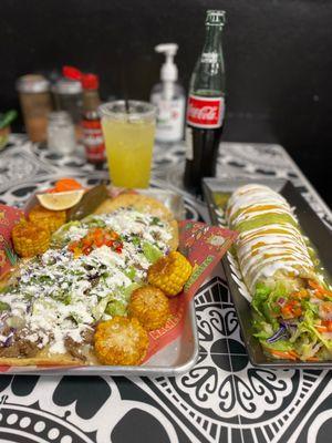 Carne Asada huarache  Al pastor wet burrito Pineapple agua fresca