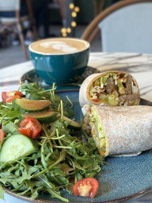 Sausage Avocado Wrap (w house salad) + Cappuccino