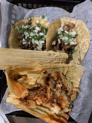 Pork tamale  Asada taco pork belly taco