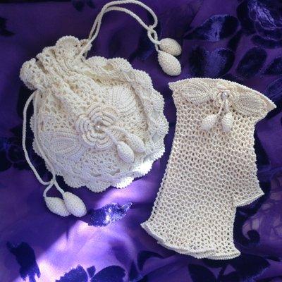 Hand crocheted reticule and mitts