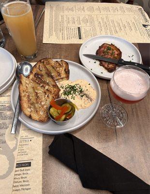 Smoked pimento cheese small plate River Fiend IPA, Backhanded Compliment cocktail