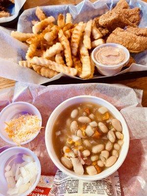 Fish finger basket and cup of bean soup