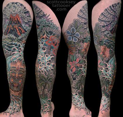 ealed tiki leg sleeve completed by @scottcookseytattooer - the man to see for bold and beautiful large scale traditional tattoos!