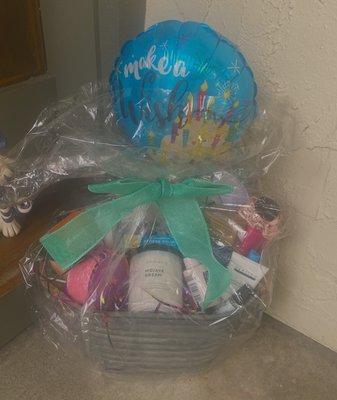 Relaxation-focused birthday basket Joanne created for a friend's special day.