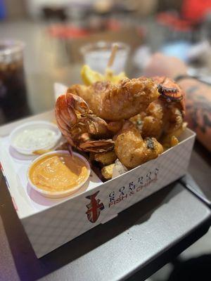 Fish and chips with lobster and shrimp