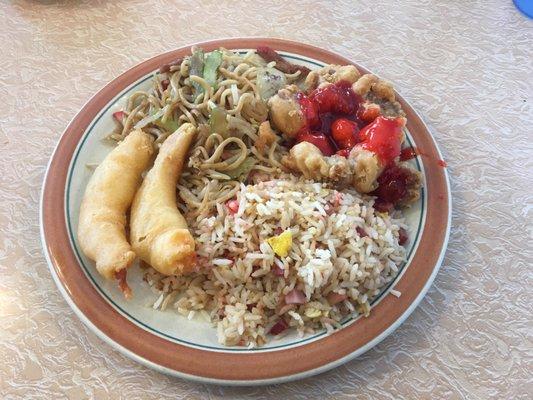 Lunch combination with sweet and sour pork and fried pork