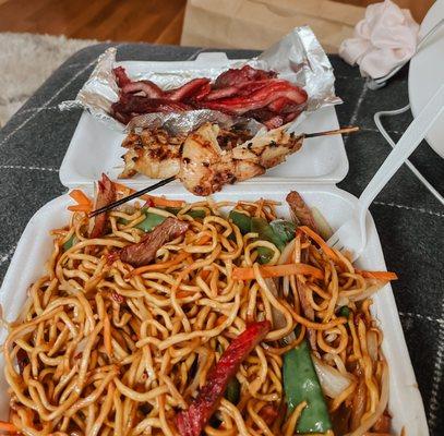 pork lo mein, boneless spare ribs, chicken teriyaki