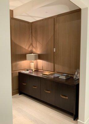 Custom rift White Oak panels and custom Walnut office credenza