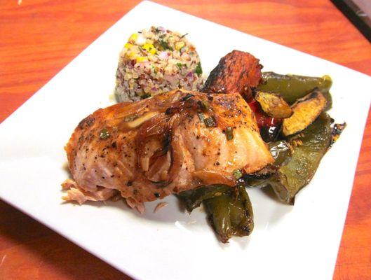 Red snapper with corn and quinoa salad, roasted vegetables