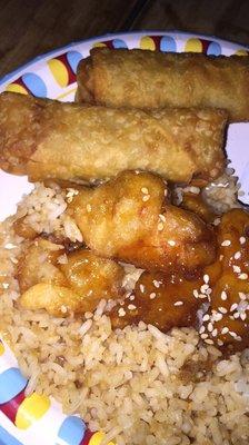 Sesame Chicken, egg rolls, and plain fried rice.