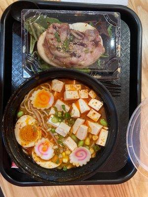 Tofu spicy ramen and half order of pork Pork Chachu Bun