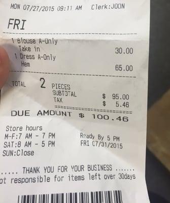 Receipt for Simple Bridesmaid Dress Alterations