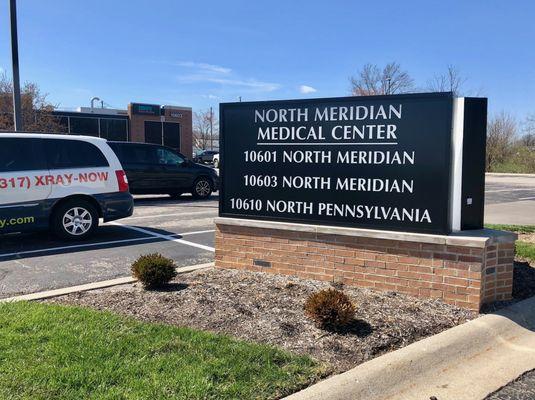 Outpatient imaging center sign facing N. Pennsylvania Street