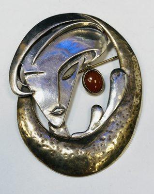 Vintage 925 Sterling Silver Vermeil Art Deco Chalcedony Women Face Pin Brooch