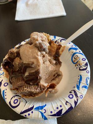 Chocolate waffle bowl with hot fudge and Reese cup