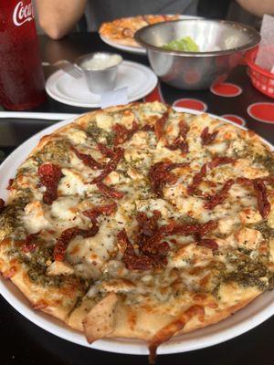 Pesto chicken pizza with sundried tomatoes